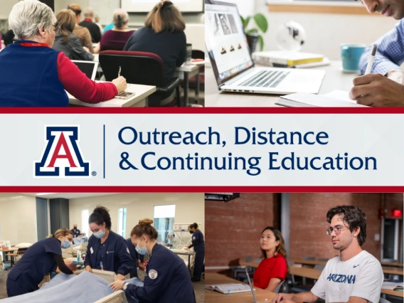 Collection of images of students in classroom environments and a banner that reads Outreach, Distance & Continuing Education with the school logo beside it