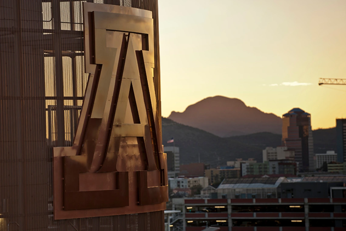 Aerial shot of UA block "A" on the side of a building