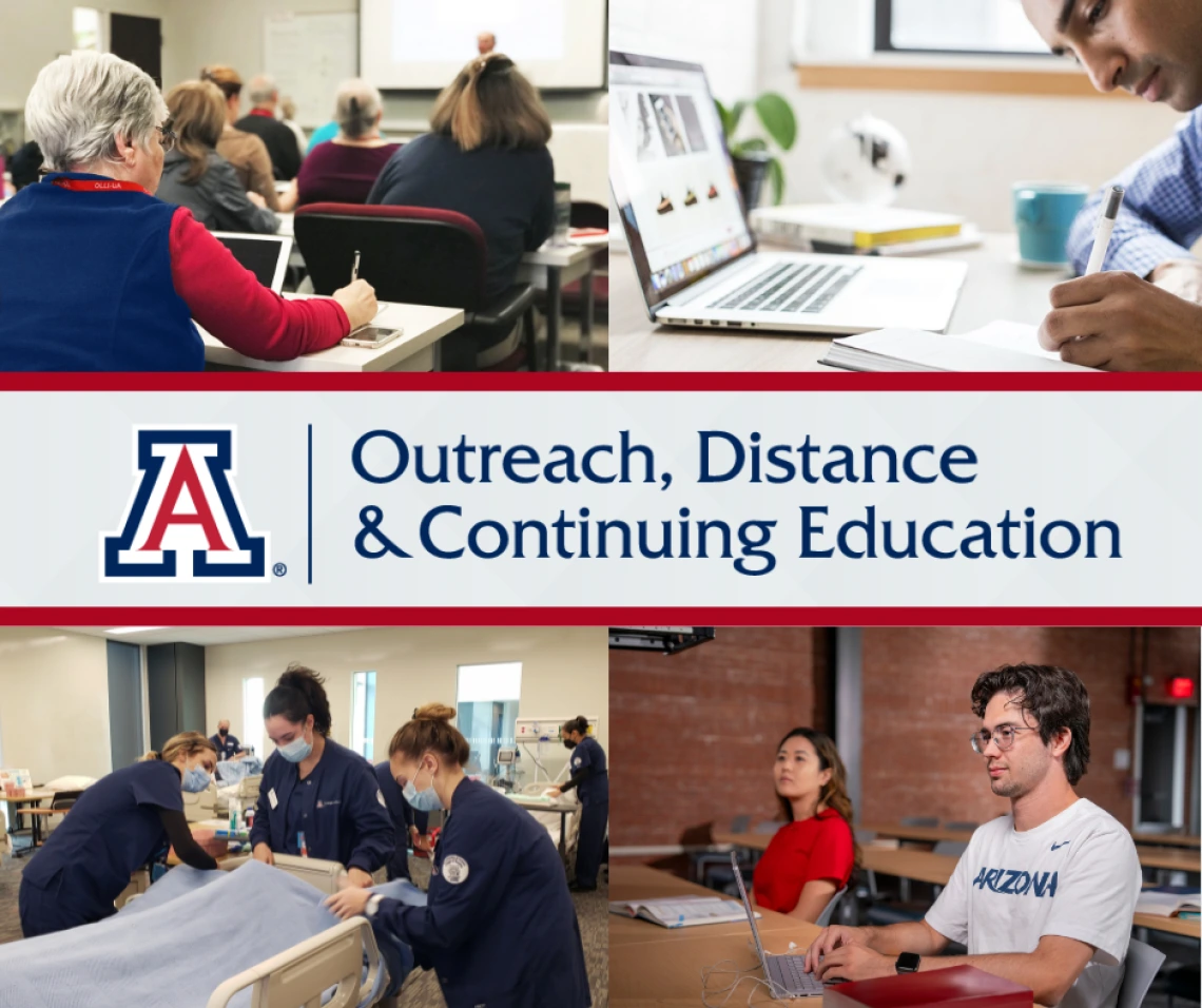 Collection of images of students in classroom environments and a banner that reads Outreach, Distance & Continuing Education with the school logo beside it